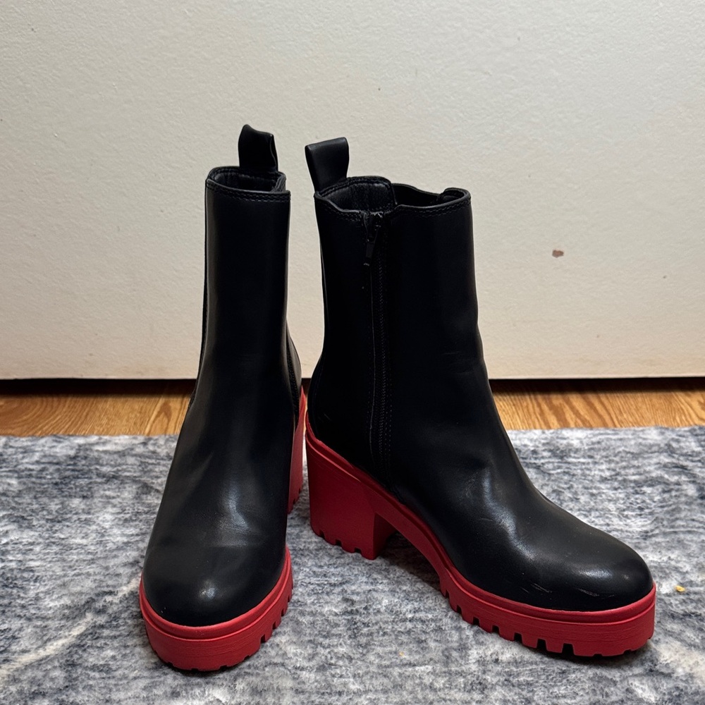 Black Leather Ankle Boots with Red Platform Sole